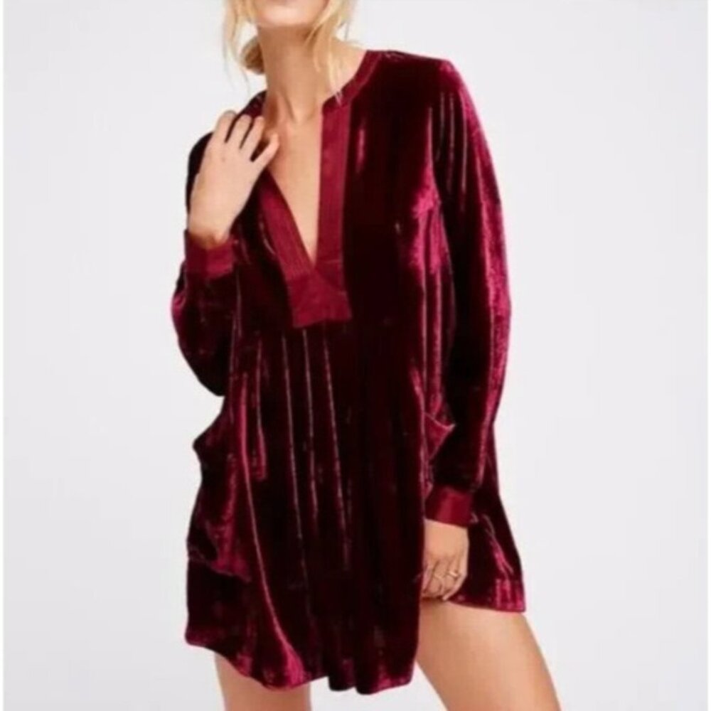Free People Mini Dress Choose Me Velvet Long Sleeve VNeck Tunic